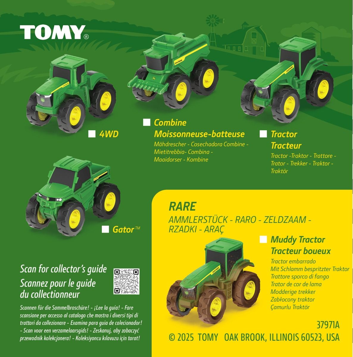 Toy tractors with features and specifications on a green background, featuring the Tomy brand.