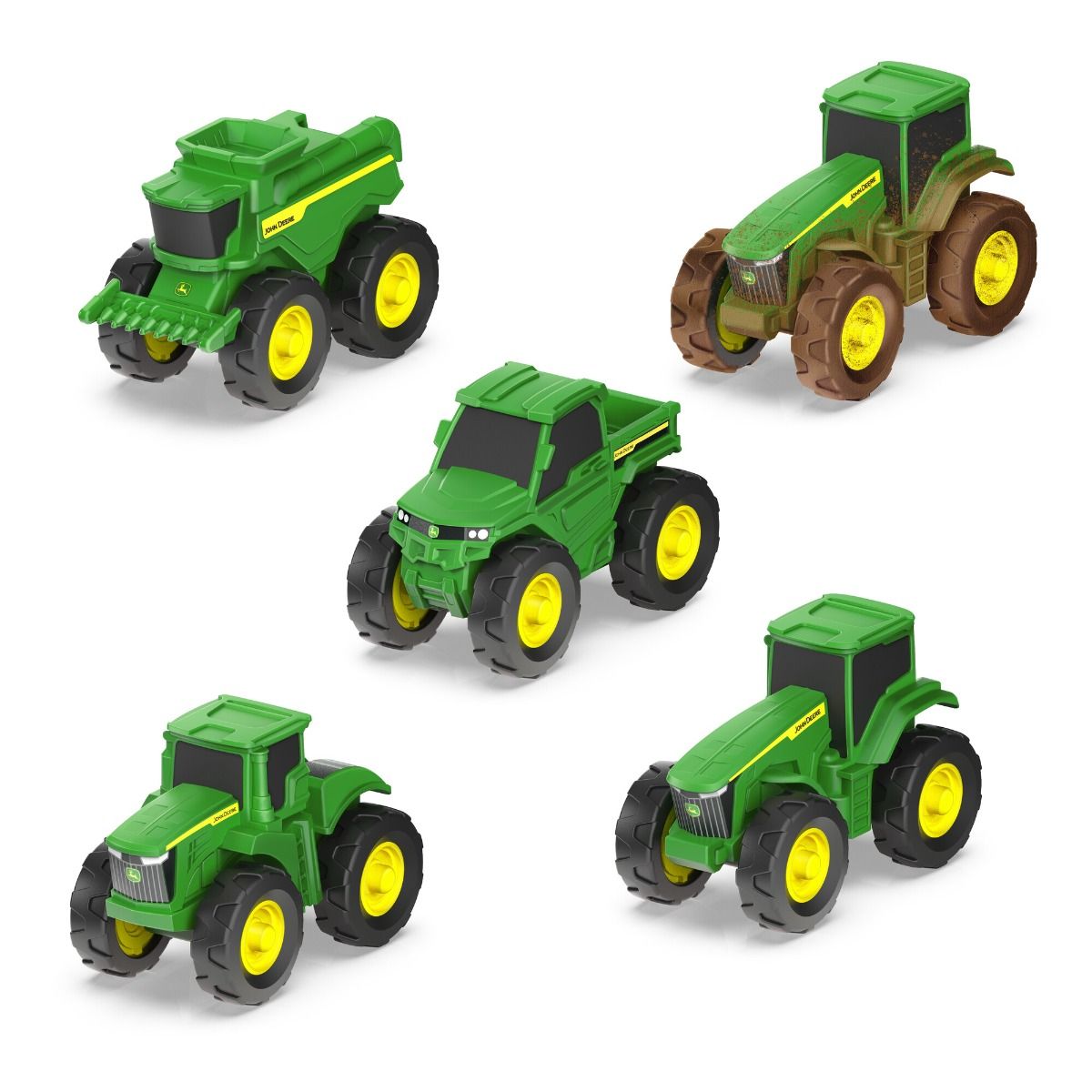 Set of John Deere green toy farm vehicles with yellow wheels on a white background