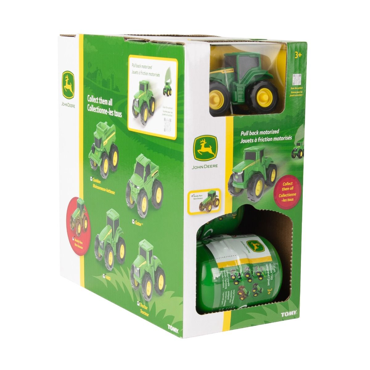 John Deere toy tractor set in packaging with visible branding