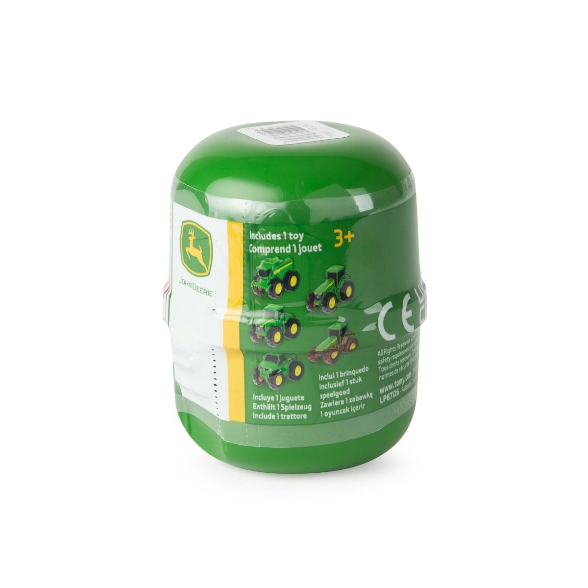 Green toy tractor packaging with John Deere logo on a white background