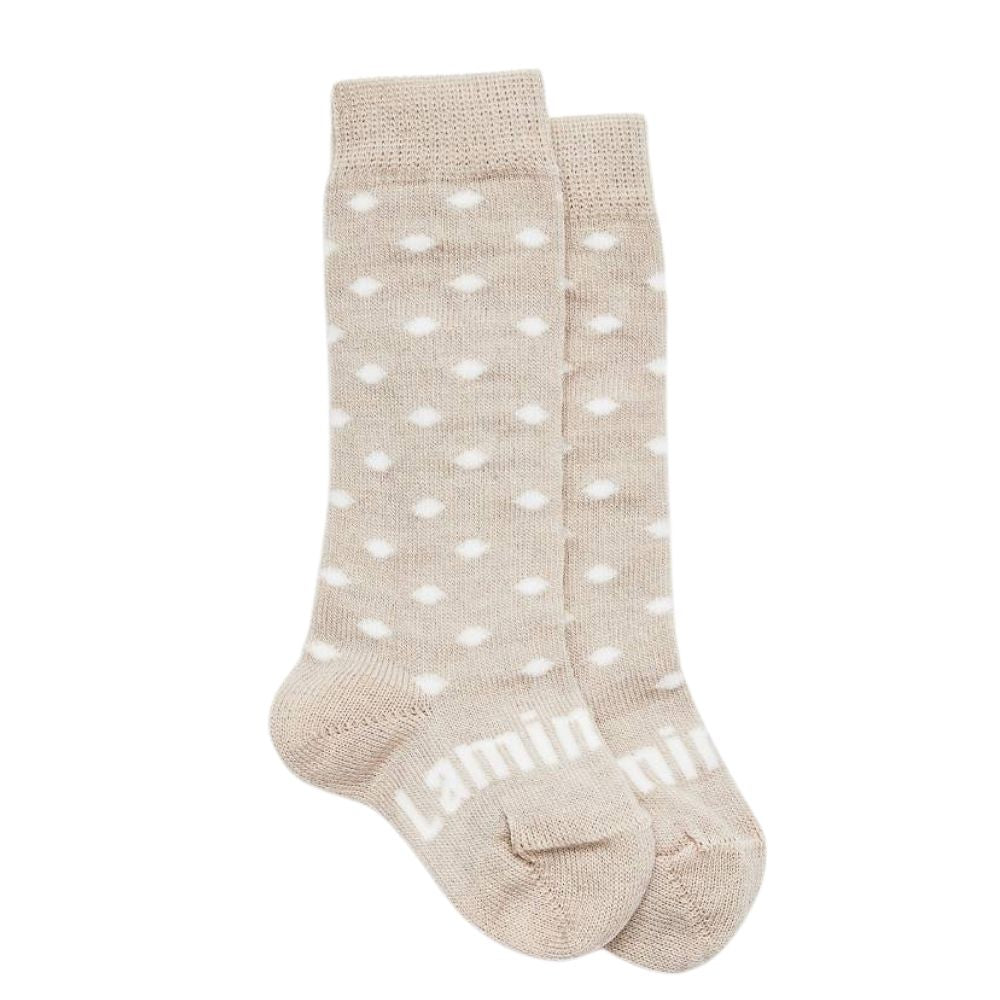 beige and white polka dot knee high lamington socks