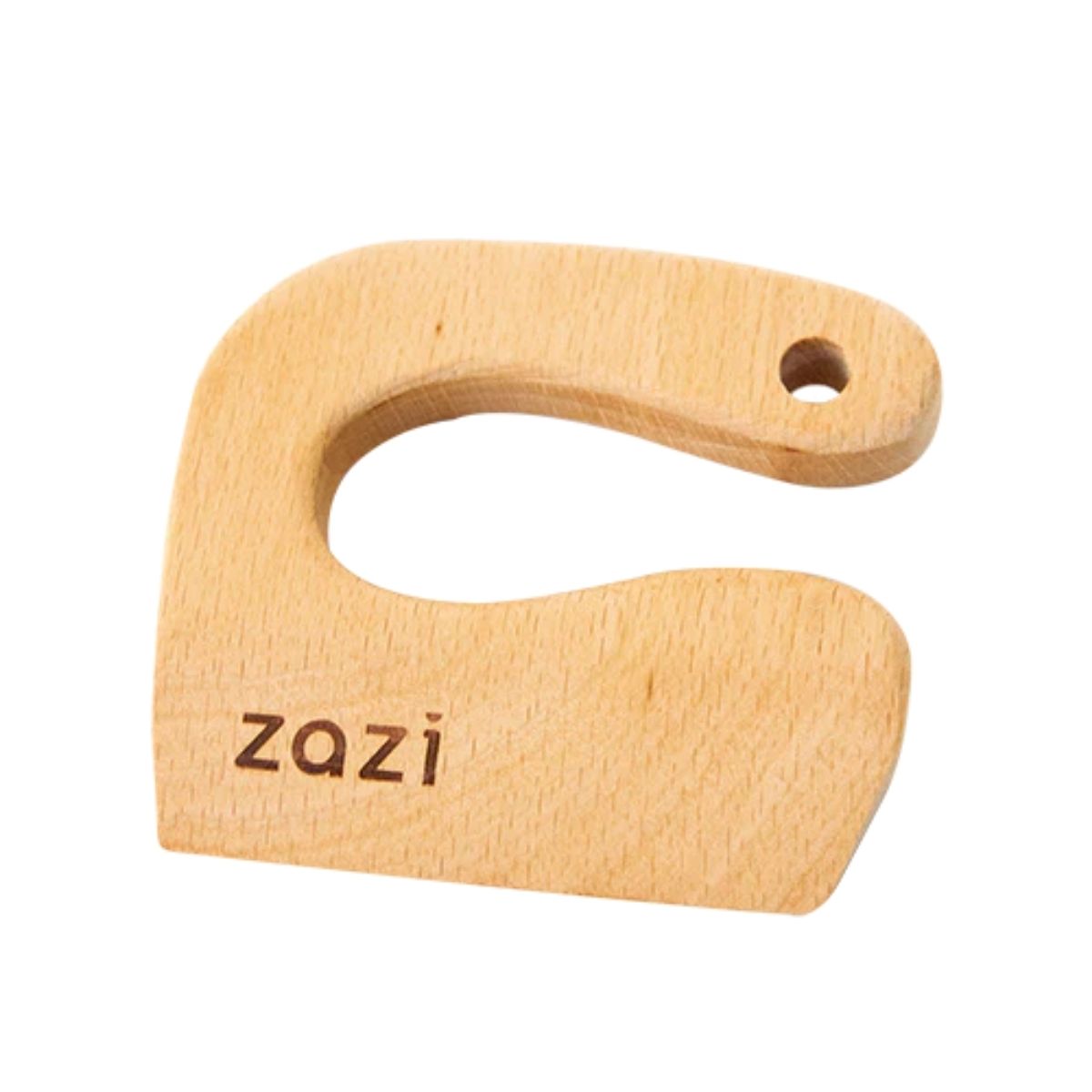 Wooden children&#39;s knife with &#39;zazi&#39; branding on a white background