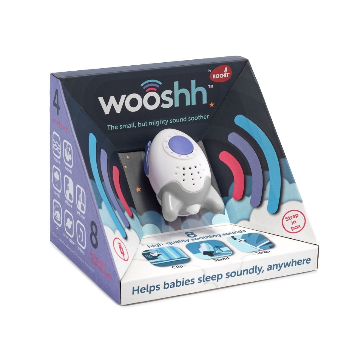 A small, 6cm white noise machine that plays  sounds to soothes babies.