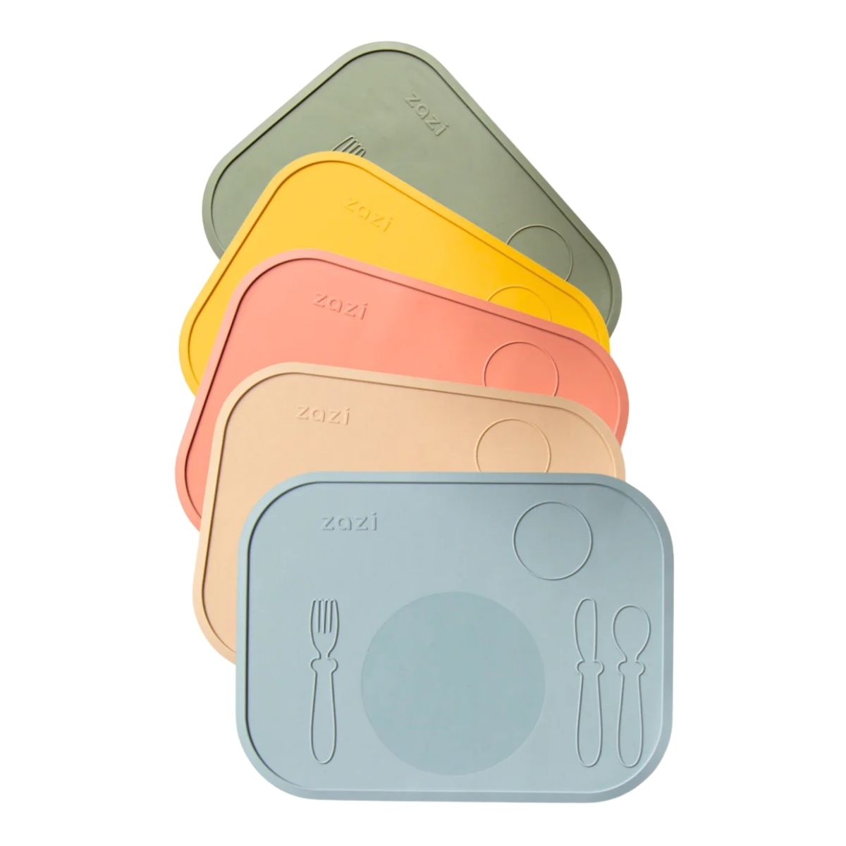 Stack of colorful silicone placemats with Zoli branding on a white background